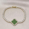 Oro Laminado Fancy Bracelet, Gold Filled Style Four-leaf Clover Design, with Light Green Mother of Pearl and White Cubic Zirconia, Polished, Golden Finish, 03.284.0047.2.07