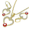 Oro Laminado Earring and Pendant Adult Set, Gold Filled Style Heart and Evil Eye Design, with White Crystal, Red Enamel Finish, Golden Finish, 10.351.0015.2