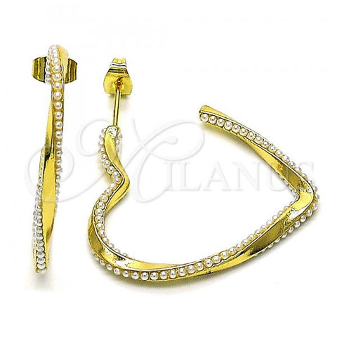 Oro Laminado Stud Earring, Gold Filled Style Heart and Twist Design, with Ivory Pearl, Polished, Golden Finish, 02.379.0052
