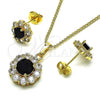 Oro Laminado Earring and Pendant Adult Set, Gold Filled Style Flower Design, with Black and White Cubic Zirconia, Polished, Golden Finish, 10.199.0086.6