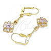 Oro Laminado Long Earring, Gold Filled Style with Pink and White Cubic Zirconia, Polished, Golden Finish, 02.387.0048