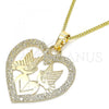 Oro Laminado Pendant Necklace, Gold Filled Style Heart and Bird Design, Polished, Golden Finish, 04.106.0060.1.20