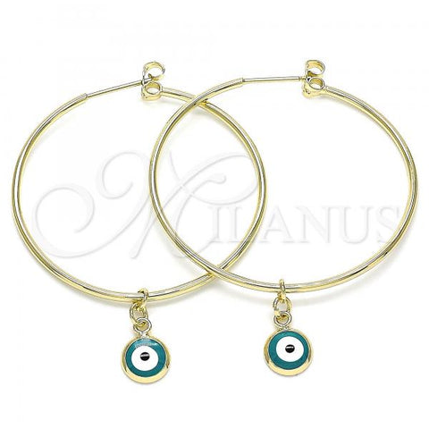 Oro Laminado Medium Hoop, Gold Filled Style Evil Eye Design, Turquoise Enamel Finish, Golden Finish, 02.213.0220.1.40