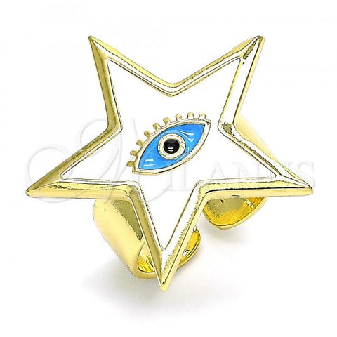 Oro Laminado Elegant Ring, Gold Filled Style Evil Eye and Star Design, White Enamel Finish, Golden Finish, 01.313.0009 (One size fits all)
