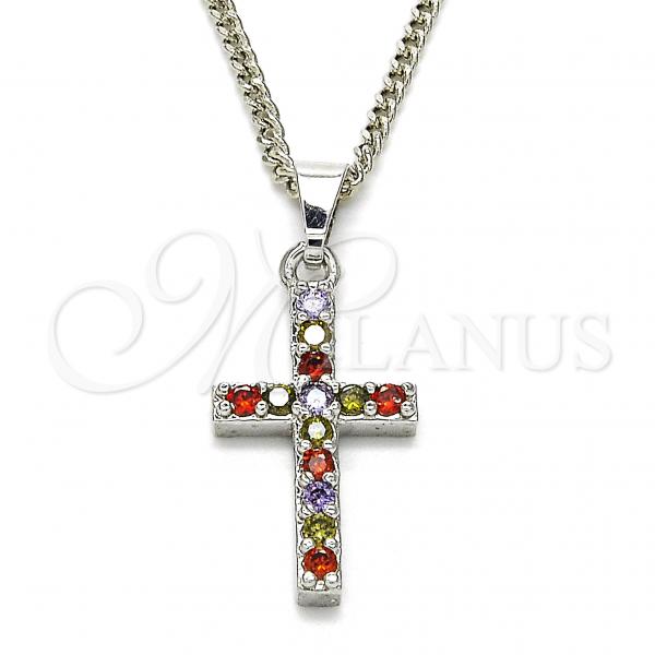 Rhodium Plated Pendant Necklace, Cross Design, with Multicolor Cubic Zirconia, Polished, Rhodium Finish, 04.284.0007.7.22