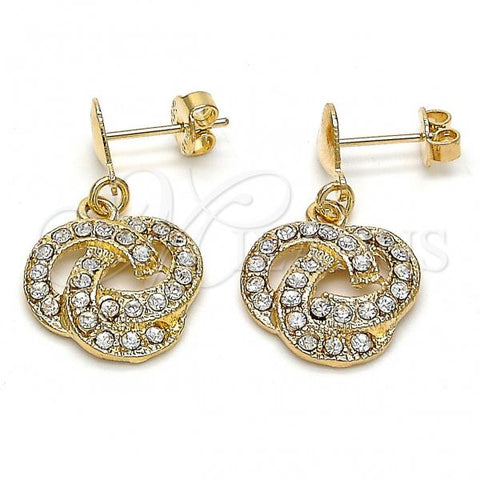 Oro Laminado Dangle Earring, Gold Filled Style Heart and Love Knot Design, with White Crystal, Polished, Golden Finish, 02.63.2490