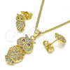 Oro Laminado Earring and Pendant Adult Set, Gold Filled Style Owl Design, with White Micro Pave and Garnet Cubic Zirconia, Polished, Golden Finish, 10.156.0379