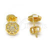 Oro Laminado Stud Earring, Gold Filled Style Flower Design, with White Micro Pave, Polished, Golden Finish, 02.156.0052