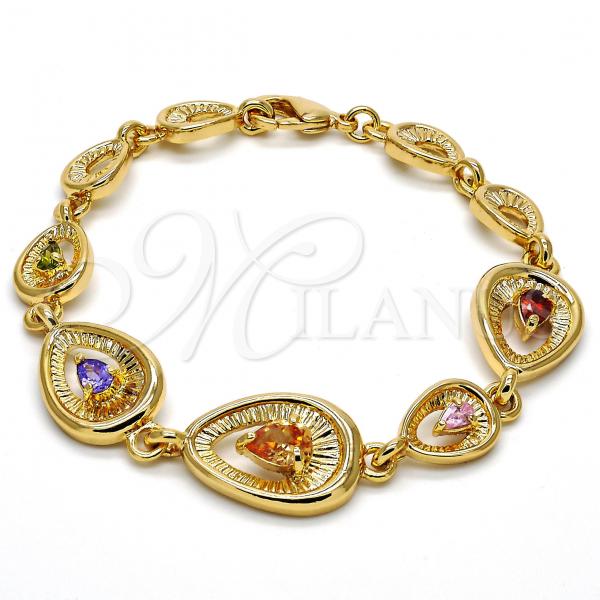 Oro Laminado Fancy Bracelet, Gold Filled Style Teardrop Design, with Multicolor Cubic Zirconia, Polished, Golden Finish, 03.59.0036.08