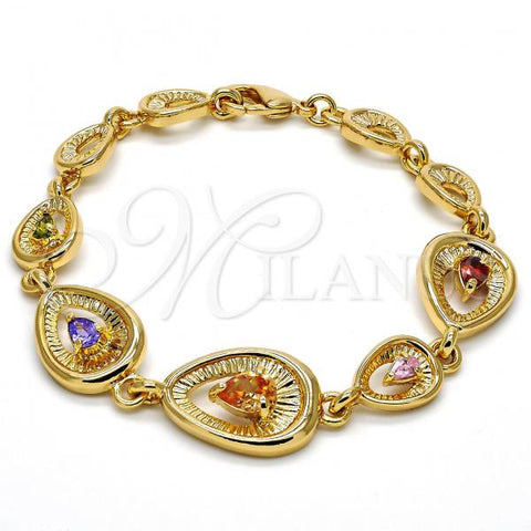 Oro Laminado Fancy Bracelet, Gold Filled Style Teardrop Design, with Multicolor Cubic Zirconia, Polished, Golden Finish, 03.59.0036.08