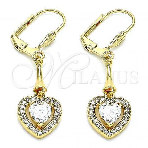 Oro Laminado Long Earring, Gold Filled Style Heart Design, with White Cubic Zirconia, Polished, Golden Finish, 02.387.0043.1