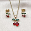 Oro Laminado Earring and Pendant Adult Set, Gold Filled Style Cherry Design, with Garnet and Green Cubic Zirconia, Polished, Golden Finish, 10.283.0030