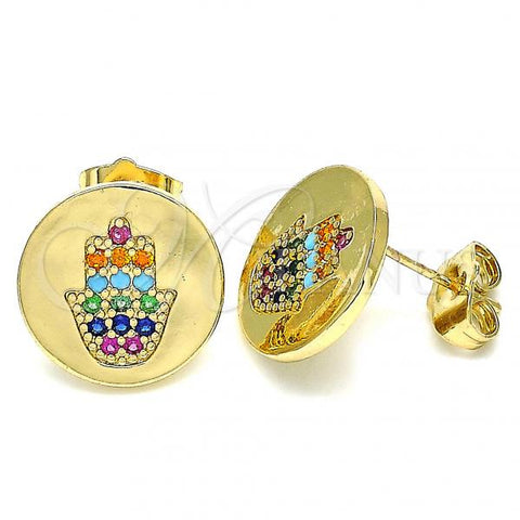 Oro Laminado Stud Earring, Gold Filled Style Hand of God Design, with Multicolor Micro Pave, Polished, Golden Finish, 02.210.0432