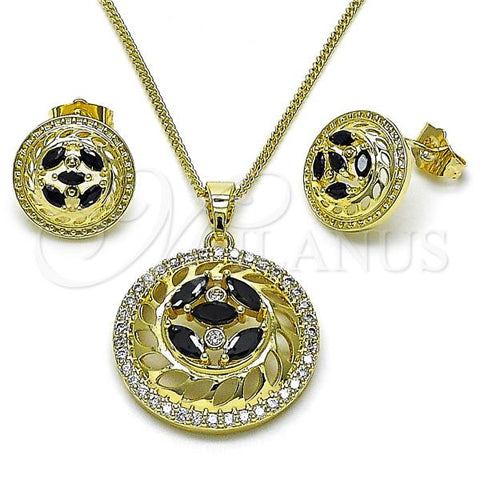 Oro Laminado Earring and Pendant Adult Set, Gold Filled Style Flower Design, with Black and White Cubic Zirconia, Polished, Golden Finish, 10.210.0182.2