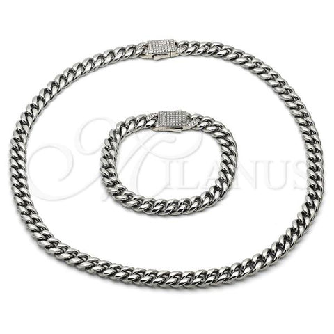 Stainless Steel Necklace and Bracelet, Miami Cuban Design, with White Crystal, Polished, Steel Finish, 06.116.0045