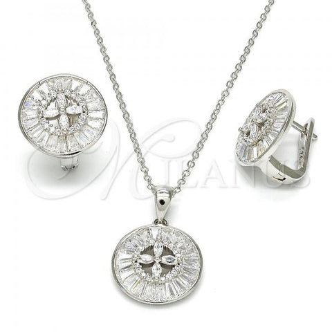 Sterling Silver Earring and Pendant Adult Set, Flower Design, with White Cubic Zirconia and White Crystal, Polished, Rhodium Finish, 10.175.0042