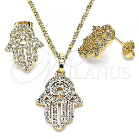 Oro Laminado Earring and Pendant Adult Set, Gold Filled Style Hand of God Design, with White Micro Pave, Polished, Golden Finish, 10.284.0005