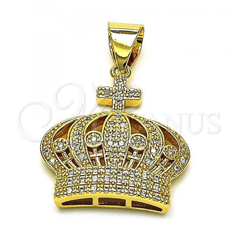 Oro Laminado Fancy Pendant, Gold Filled Style Crown Design, with Pink Micro Pave, Polished, Golden Finish, 05.342.0082