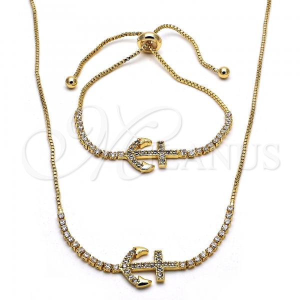 Oro Laminado Necklace and Bracelet, Gold Filled Style Anchor Design, with White Cubic Zirconia, Polished, Golden Finish, 06.221.0017