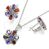 Sterling Silver Earring and Pendant Adult Set, Flower Design, with Multicolor Cubic Zirconia, Polished, Rhodium Finish, 10.286.0035