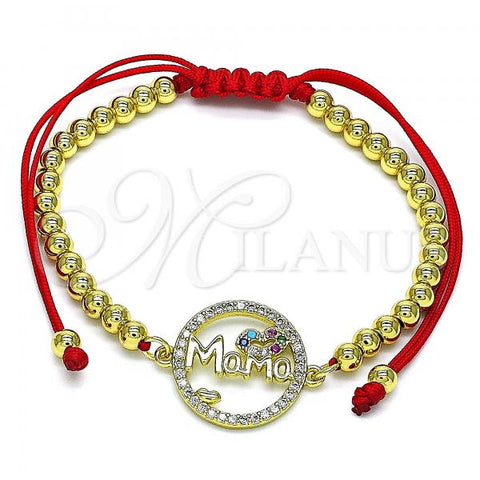 Oro Laminado Adjustable Bolo Bracelet, Gold Filled Style Mom and Lips Design, with Multicolor Micro Pave, Polished, Golden Finish, 03.381.0038.1.11