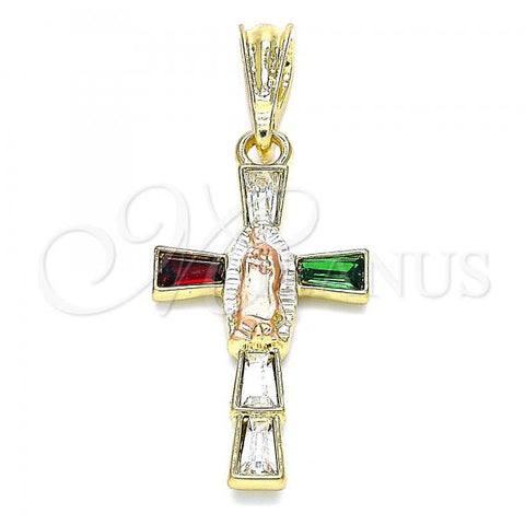 Oro Laminado Religious Pendant, Gold Filled Style Guadalupe and Cross Design, with Multicolor Crystal, Polished, Tricolor, 05.380.0092.1