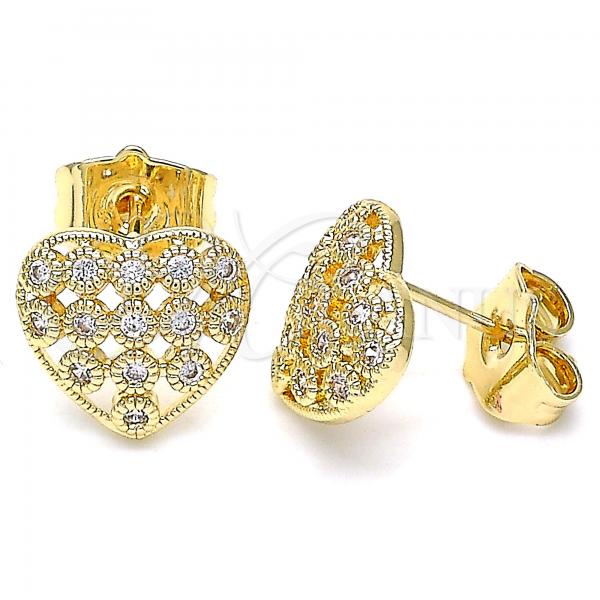 Oro Laminado Stud Earring, Gold Filled Style Heart Design, with White Micro Pave, Polished, Golden Finish, 02.156.0485