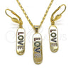 Oro Laminado Earring and Pendant Adult Set, Gold Filled Style Nameplate and Love Design, with Multicolor Micro Pave, Polished, Golden Finish, 10.196.0072