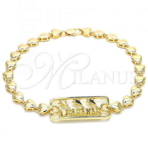 Oro Laminado Fancy Anklet, Gold Filled Style Dolphin and Heart Design, Polished, Golden Finish, 03.63.1854.10
