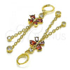 Oro Laminado Long Earring, Gold Filled Style Butterfly and Rolo Design, with Garnet and White Cubic Zirconia, Polished, Golden Finish, 02.316.0094