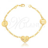 Oro Laminado Fancy Bracelet, Gold Filled Style Heart and Figaro Design, Polished, Golden Finish, 03.32.0198.07