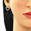 Oro Laminado Stud Earring, Gold Filled Style Heart Design, with White Micro Pave, Polished, Golden Finish, 02.156.0497