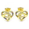 Oro Laminado Stud Earring, Gold Filled Style Heart and Hand Design, with Multicolor Micro Pave, Polished, Golden Finish, 02.156.0390.3