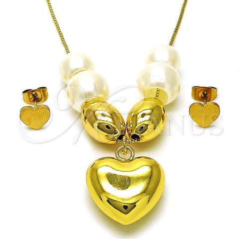Oro Laminado Necklace and Earring, Gold Filled Style Heart and Box Design, with Ivory Pearl, Polished, Golden Finish, 06.417.0016