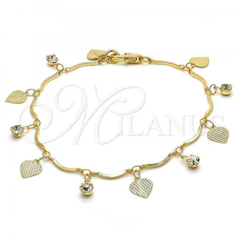 Oro Laminado Charm Bracelet, Gold Filled Style Heart Design, with White Crystal, Polished, Golden Finish, 5.030.013.08