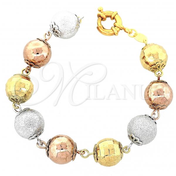 Oro Laminado Fancy Bracelet, Gold Filled Style Ball Design, Matte Finish, Tricolor, 5.009.006