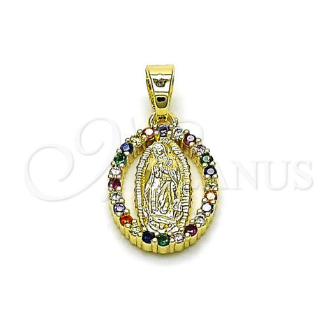 Oro Laminado Religious Pendant, Gold Filled Style Guadalupe Design, with Multicolor Cubic Zirconia, Polished, Golden Finish, 05.210.0007.1