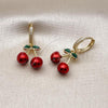 Oro Laminado Dangle Earring, Gold Filled Style Cherry Design, with White Micro Pave, Red Enamel Finish, Golden Finish, 02.417.0003