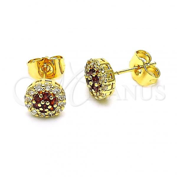 Oro Laminado Stud Earring, Gold Filled Style Flower Design, with Garnet and White Cubic Zirconia, Polished, Golden Finish, 02.344.0159.1