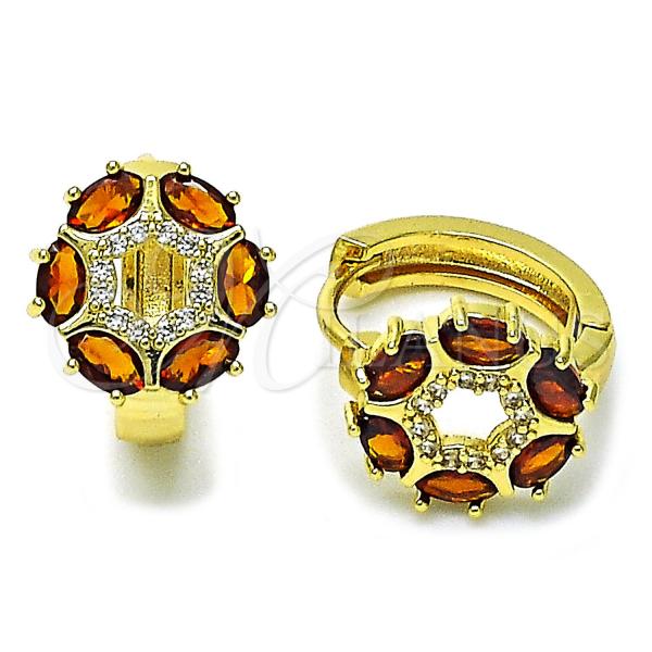 Gold Filled Hoop Earrings — Huggie Hoop Flower Design with Garnet Cubic Zirconia — main product view — SKU 156623 | Oro Laminado aretes de aro — Huggie Hoop flor diseño with Garnet Cubic Zirconia — SKU 156623