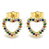 Oro Laminado Stud Earring, Gold Filled Style Heart Design, with Multicolor Micro Pave, Polished, Golden Finish, 02.94.0122.2