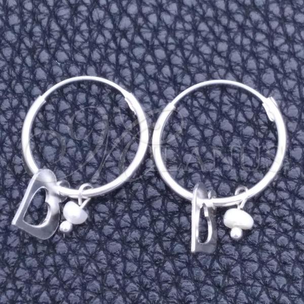 Sterling Silver Small Hoop, Heart Design, with Ivory Pearl, Polished, Silver Finish, 02.401.0018.15