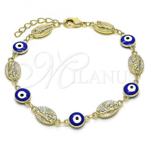 Oro Laminado Fancy Bracelet, Gold Filled Style Evil Eye and San Judas Design, Blue Enamel Finish, Golden Finish, 03.213.0199.07