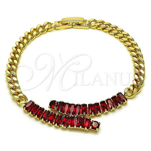 Oro Laminado Fancy Bracelet, Gold Filled Style Miami Cuban and Baguette Design, with Garnet Cubic Zirconia, Polished, Golden Finish, 03.283.0077.1.07