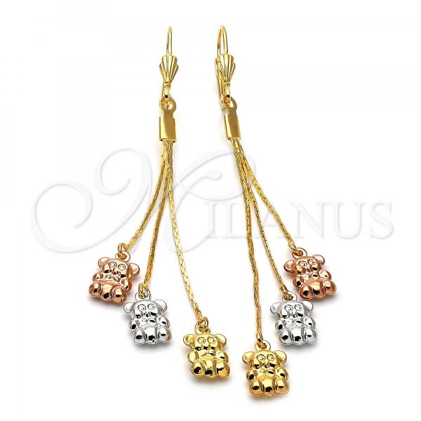 Oro Laminado Long Earring, Gold Filled Style Teddy Bear Design, Diamond Cutting Finish, Tricolor, 5.085.002