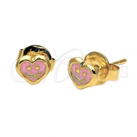 Oro Laminado Stud Earring, Gold Filled Style Heart and Smile Design, Pink Enamel Finish, Golden Finish, 5.126.094.1 *PROMO*