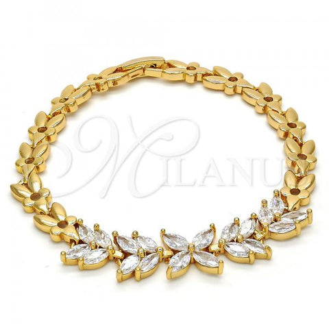 Oro Laminado Fancy Bracelet, Gold Filled Style Flower and Leaf Design, with White Cubic Zirconia, Polished, Golden Finish, 03.287.0021.07