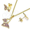 Oro Laminado Earring and Pendant Adult Set, Gold Filled Style Butterfly Design, with Ruby Micro Pave, Polished, Golden Finish, 10.156.0261.1