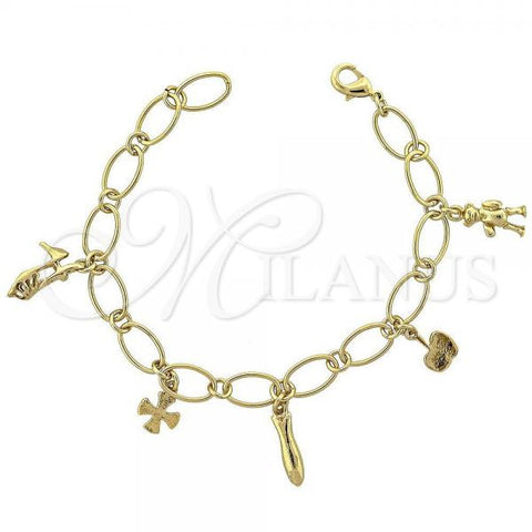 Oro Laminado Charm Bracelet, Gold Filled Style Shoes and Teddy Bear Design, Polished, Golden Finish, 03.63.0337