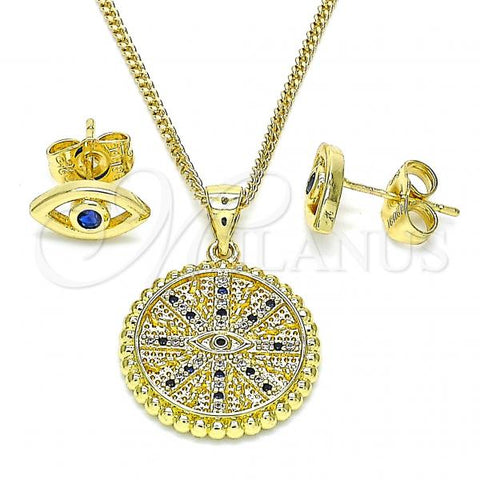 Oro Laminado Earring and Pendant Adult Set, Gold Filled Style Evil Eye Design, with Sapphire Blue and White Micro Pave, Polished, Golden Finish, 10.156.0397.2